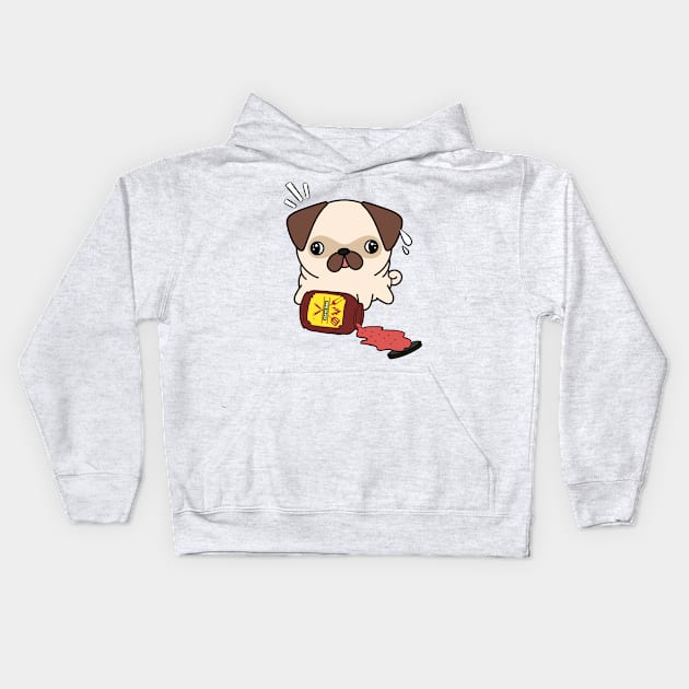 Funny Pug Spills a jar of BBQ Sauce Kids Hoodie by Pet Station